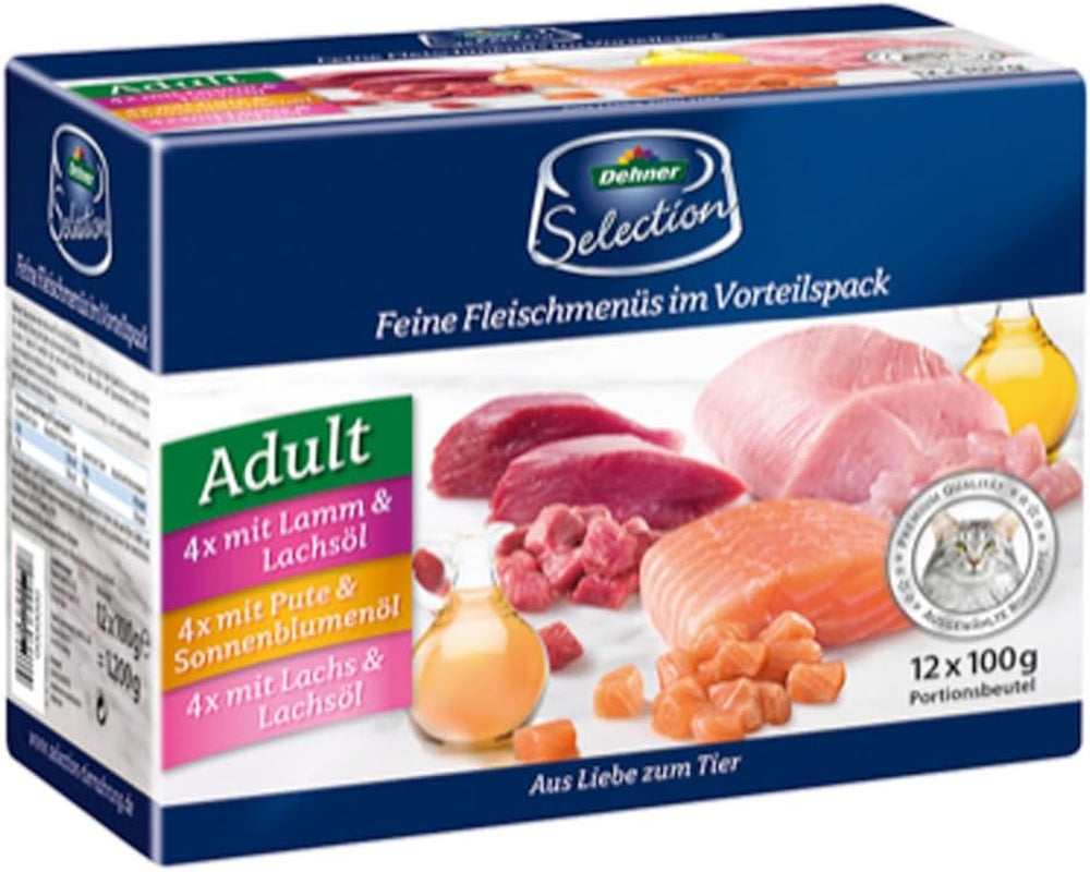 Hrană umedă Dehner Premium pentru pisici, pachet multiplu, pentru pisici adulte, 4 bucăți din fiecare: miel / curcan / somon, 12 pungi x 100 g (1,2 kg)