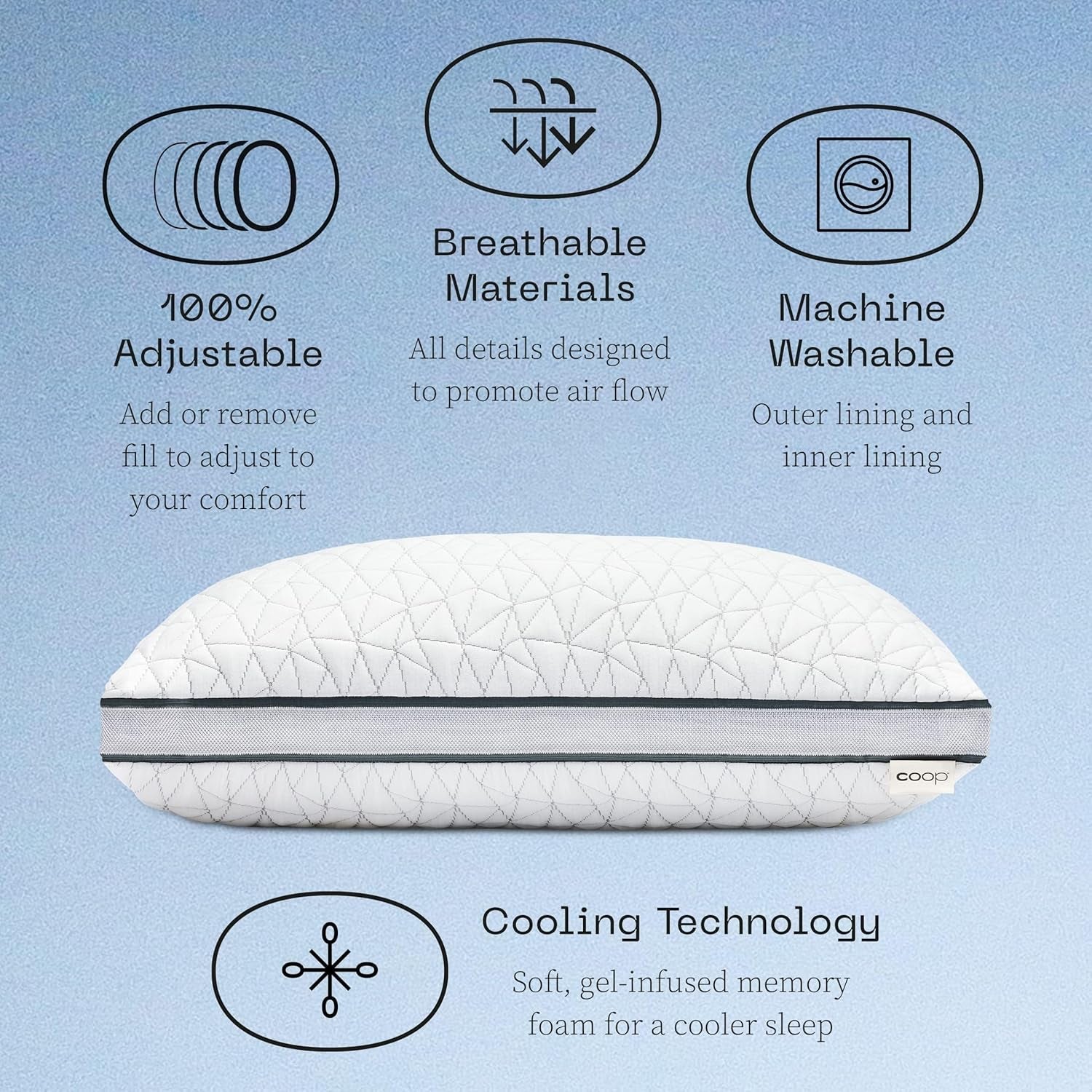 Coop Home Goods Eden Cool Oreiller réglable King Size Mousse à mémoire de forme infusée de gel Tissu Lulltra doux et respirant Idéal pour tous les dormeurs Respectueux de l'environnement Naty Shop Oreillers standards