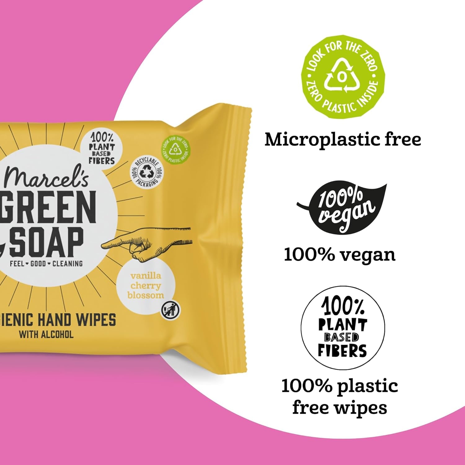 Paquet de 60 lingettes humides pour les mains au savon vert Marcel's - Vanille et fleur de cerisier - À base de plantes - Biologique