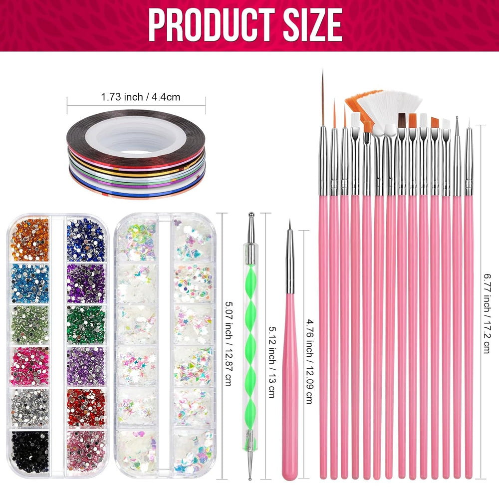 FANDAMEI Nail Art Brush Set, 15 pièces de pinceaux pour pinceaux à ongles en gel, 5 pièces de stylos à points, 10 rouleaux de pinceaux à bandes, des pinceaux à strass, des paillettes ultra fines pour vernis à ongles