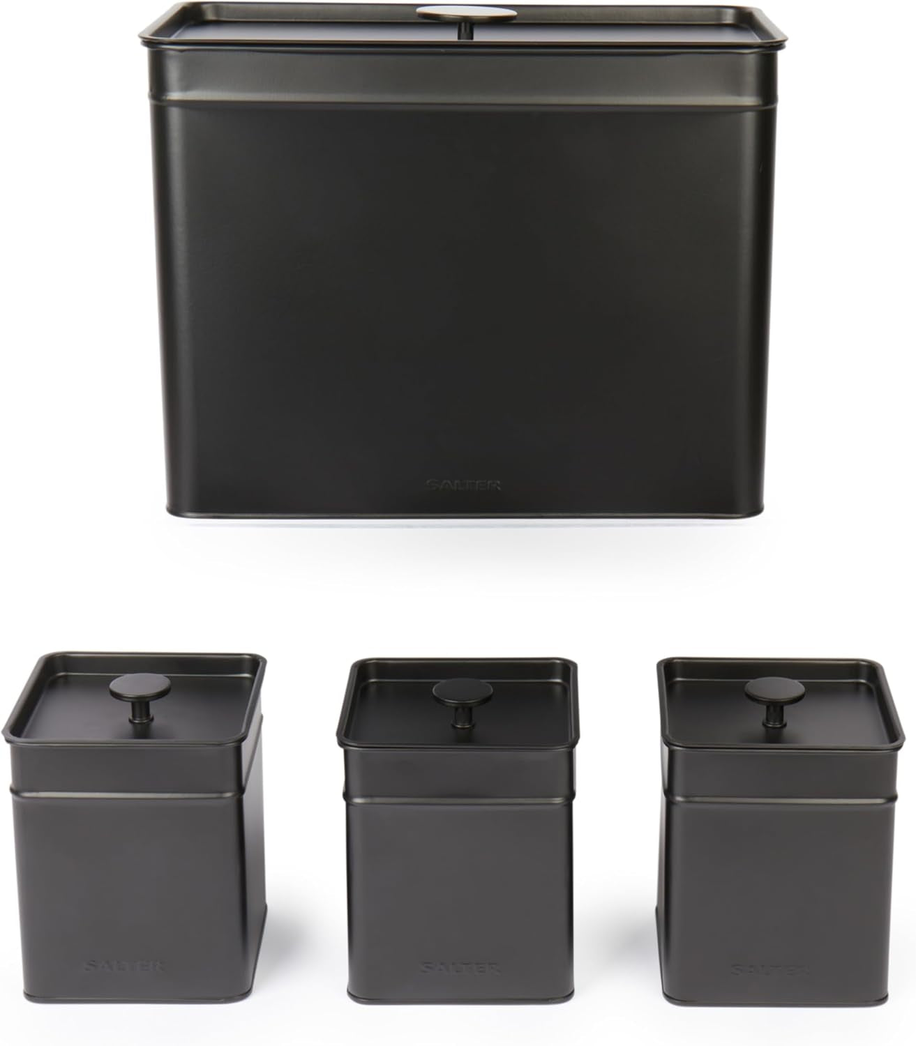 Salter BW12614EU7 Kuro Boîte de Rangement - 4 Récipients de Cuisine Pain/Thé/Café/Sucre Boîtes de Rangement Carrées Facile à Nettoyer Garder Les Aliments Frais Noir Boîtes de Rangement des Aliments Naty Shop