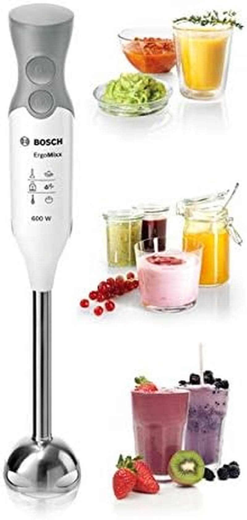 Bosch Stabmixer Ergomixx MSM66110, Edelstahl-Mixfuß, Mix- Und Messbecher, 2 Geschwindigkeitsstufen, Leichtes Gehäuse, 4-Klingen-Messer, Einfache Reinigung, 600 W, Weiß/Grau Kitchen Naty Shop