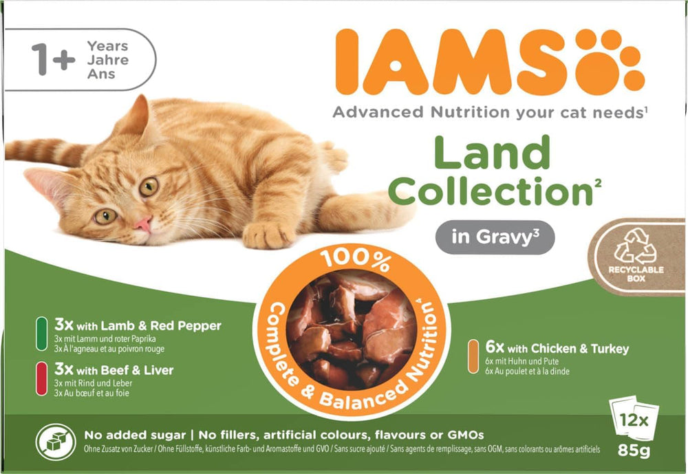 IAMS Delights Land Collection Nourriture humide pour chats - Multipack avec variétés de viandes (agneau, bœuf, poulet et dinde) en sauce, nourriture humide pour chats à partir de 1 an, 12 x 85g