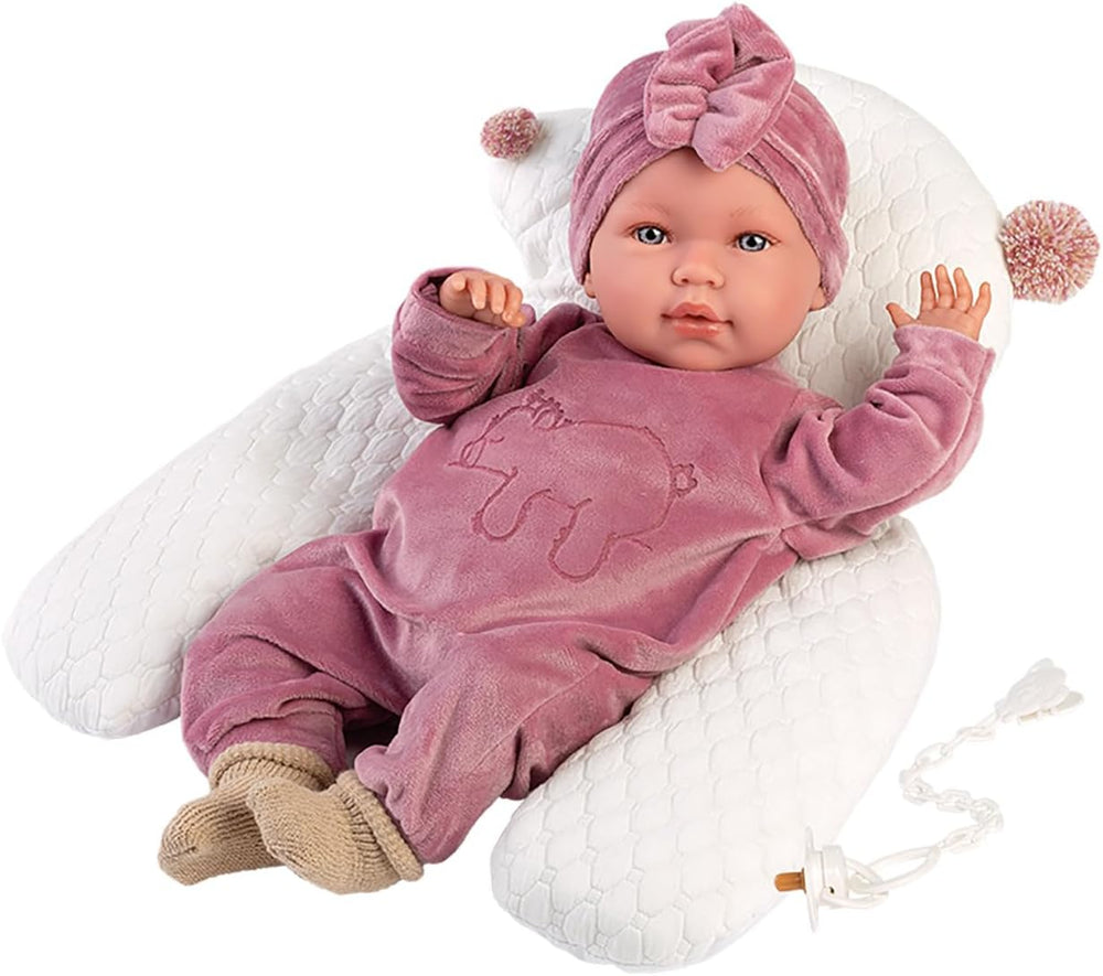 Llorens 1017418 Puppe Lala, aux yeux bleus et au corps doux, Babypuppe inkl. Tenue, sucette, Schnullerkette et Stützkissen, 42 cm
