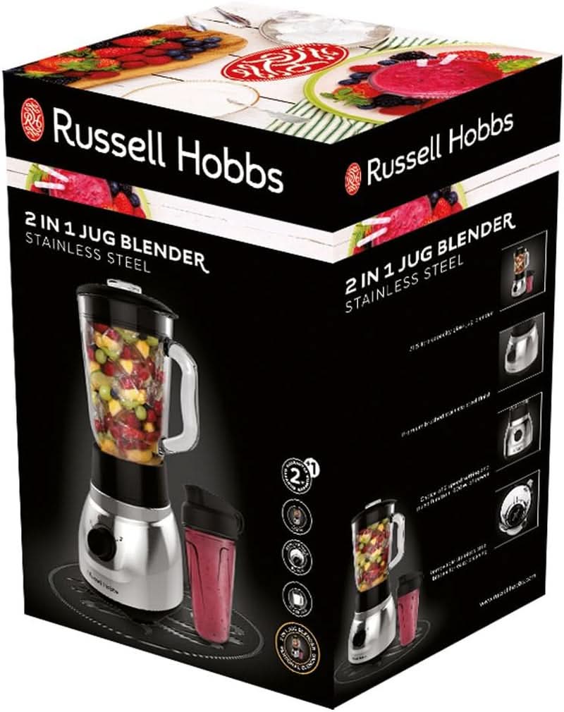 Russell Hobbs Batteur sur socle 2 en 1 [mélangeur en verre de 1,5 L et mini machine à smoothie de 0,6 L - To-Go-Trinkflasche Inkl. Deckel] Spülmaschinenfest, Impuls-/Ice-Crush Funktion, Becher BPA Frei, Edelstahl 23821-56 Kitchen Naty Shop