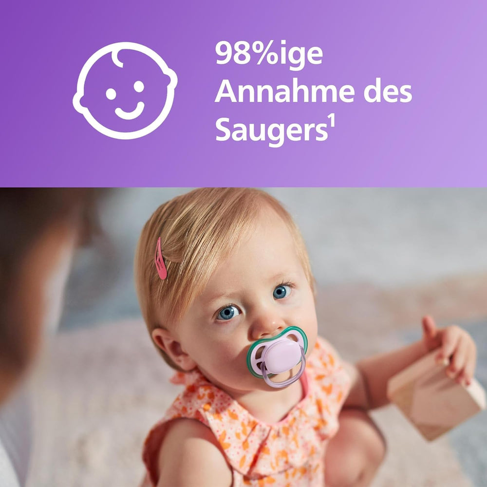 Sucettes Philips AVENT ultra air - Sucettes légères et respirantes pour bébés âgés de 0 à 6 mois, sans BPA, avec étui de transport comme stérilisateur, paquet de 2, modèle SCF085/24