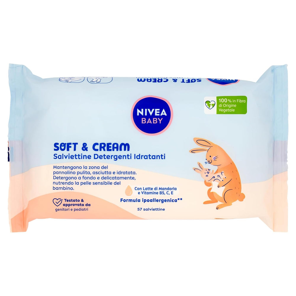 NIVEA Baby Lingettes Nettoyantes Hydratantes Douces & Crème, 57 pièces, pour une peau propre, sèche et hydratée, lingettes bébé au lait d'amande et vitamines B5, C et E