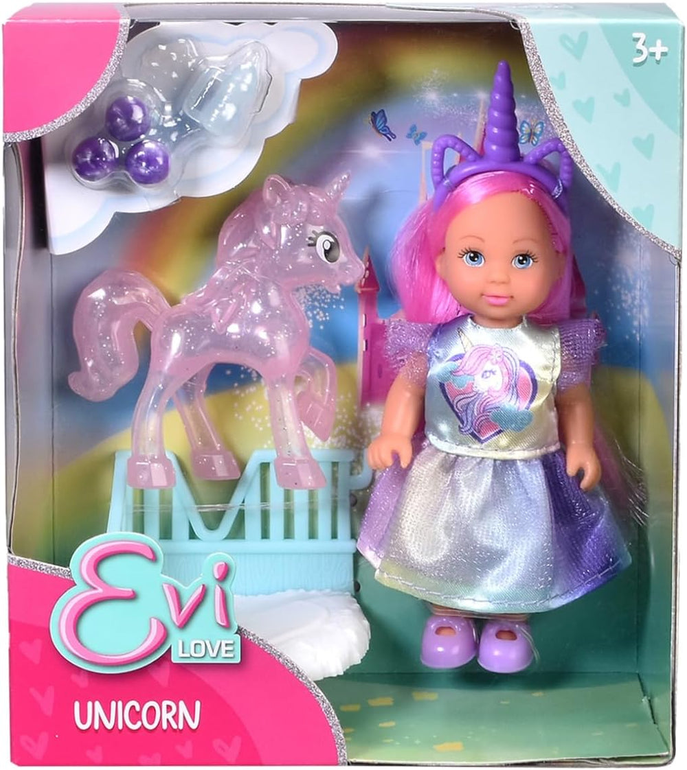 Simba Evi Love Unicorn Play Doll portant une jolie robe licorne avec un bandeau assorti, comprenant une licorne avec une écurie, des pommes et une gourde, 12 cm, à partir de 3 ans
