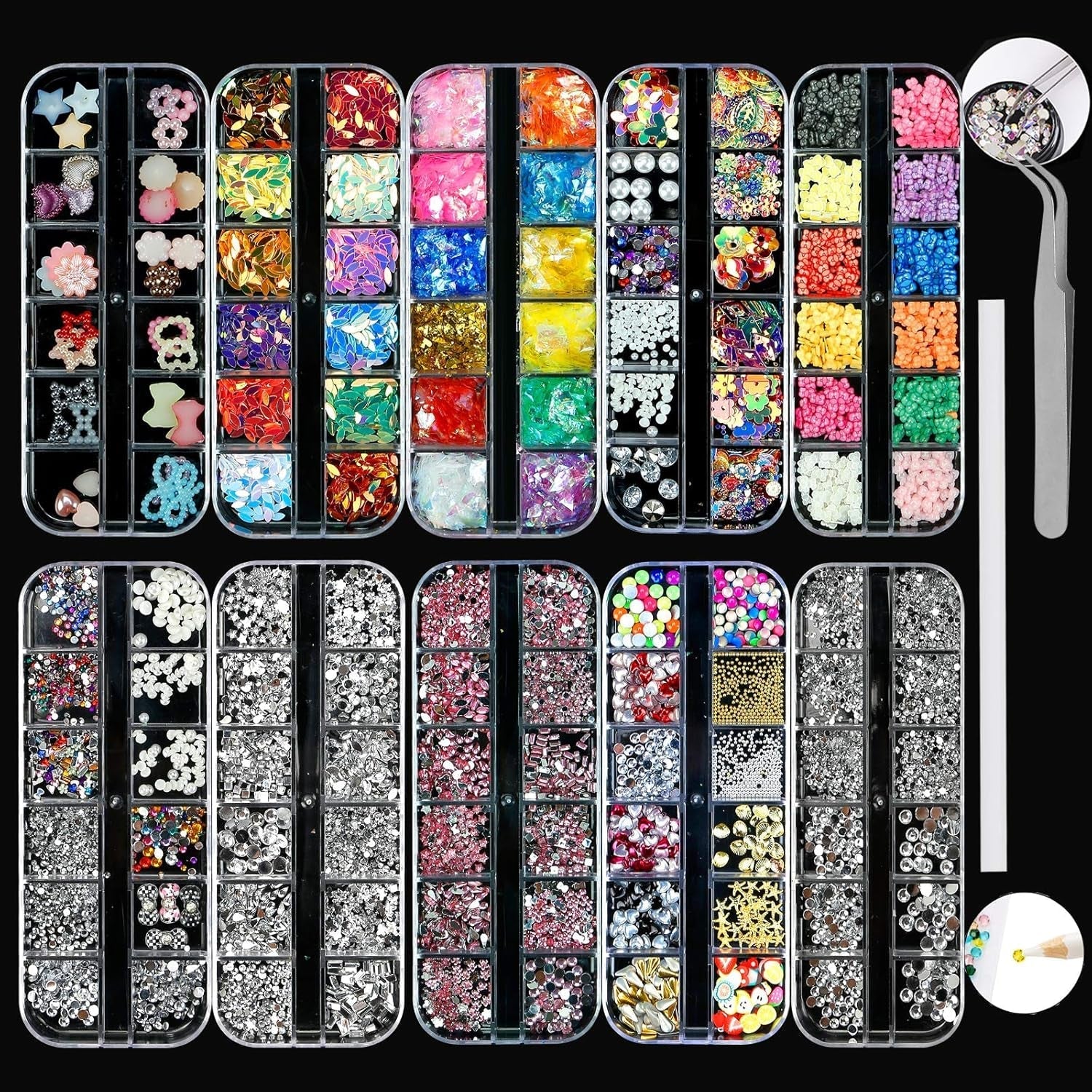 Kit de 10 boîtes de strass pour ongles, accessoires multifonctionnels avec 1 pince à épiler, diamants décoratifs, cristaux, perles, pierres précieuses, colorés, mélangés, yeux de cheval, pierres métalliques, pour décorations DIY Nail Art