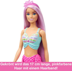 Barbie Meerjungfrauen-Puppe - mit Langen rosa Haaren und Accessoires für individuelles Styling, inklusive Bürste, wunderschönes Muscheloberteil und Pinker Schwanzflosse, für Kinder ab 3 Jahren, HRR00