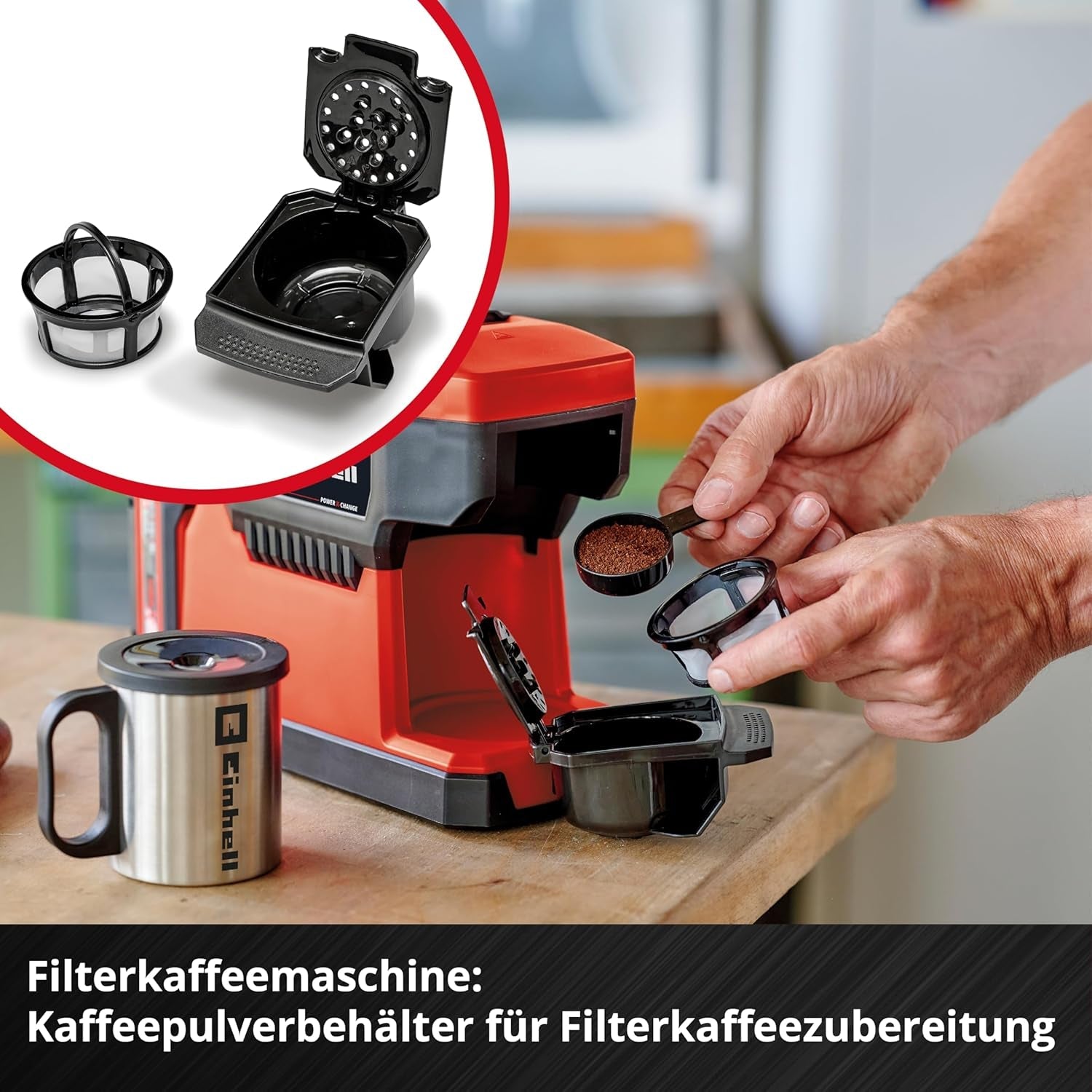 Machine à expresso sans fil Einhell TE-CF 18 Li-Solo Power X-Change (18 V, réservoir d'eau 240 ml, pour café filtre et capsules de café, poignée de transport, avec tasse à café avec couvercle, sans batterie)