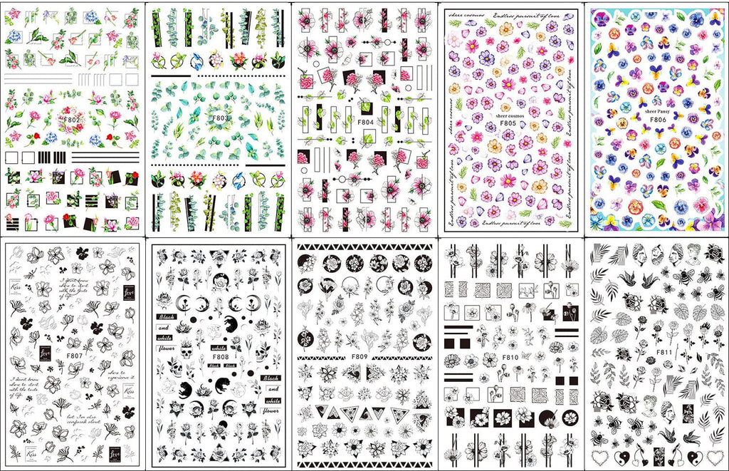 JMEOWIO Nagelsticker Frühling Blumen 10 Blätter Nagelaufkleber Selbstklebend Nail Art Dekoration Nageldesign Zubehör Für Frauen Mädchen