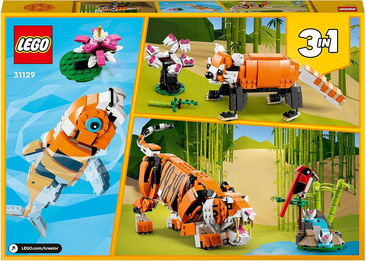 LEGO 31129 Creator Majestic Tigre, Panda ou Poisson Ensemble de figurines animales 3 en 1 Jouet pour enfants Garçons et filles Jouets de construction d'animaux Besuche den LEGO-Store