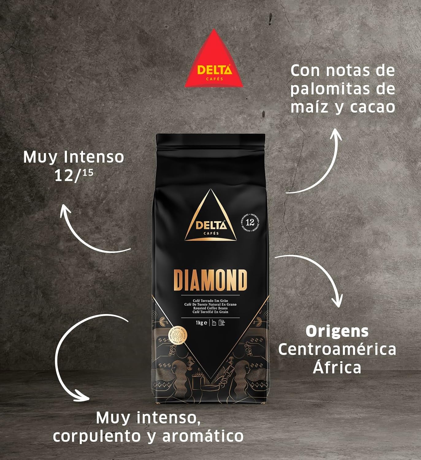 Delta Cafés - Café en Bois Diamant - 2 Packungen à 1 kg - Intensité 8 - Mélange de café en bois et de Robusta Arabica - Sehraromaticisch mit Noten von gerösteten Nüssen