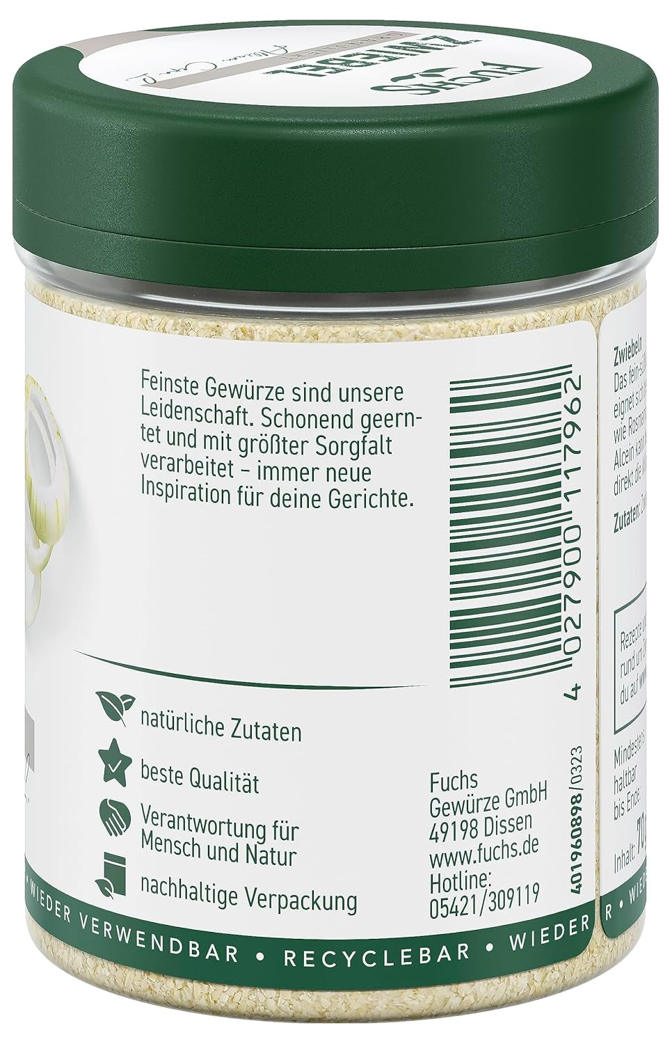 Fuchs Gewürze - Zwiebel granuliert - Gewürz für Saucen oder Nudelgerichte - Ingrédients naturels - 70 g en dose variable, recyclable
