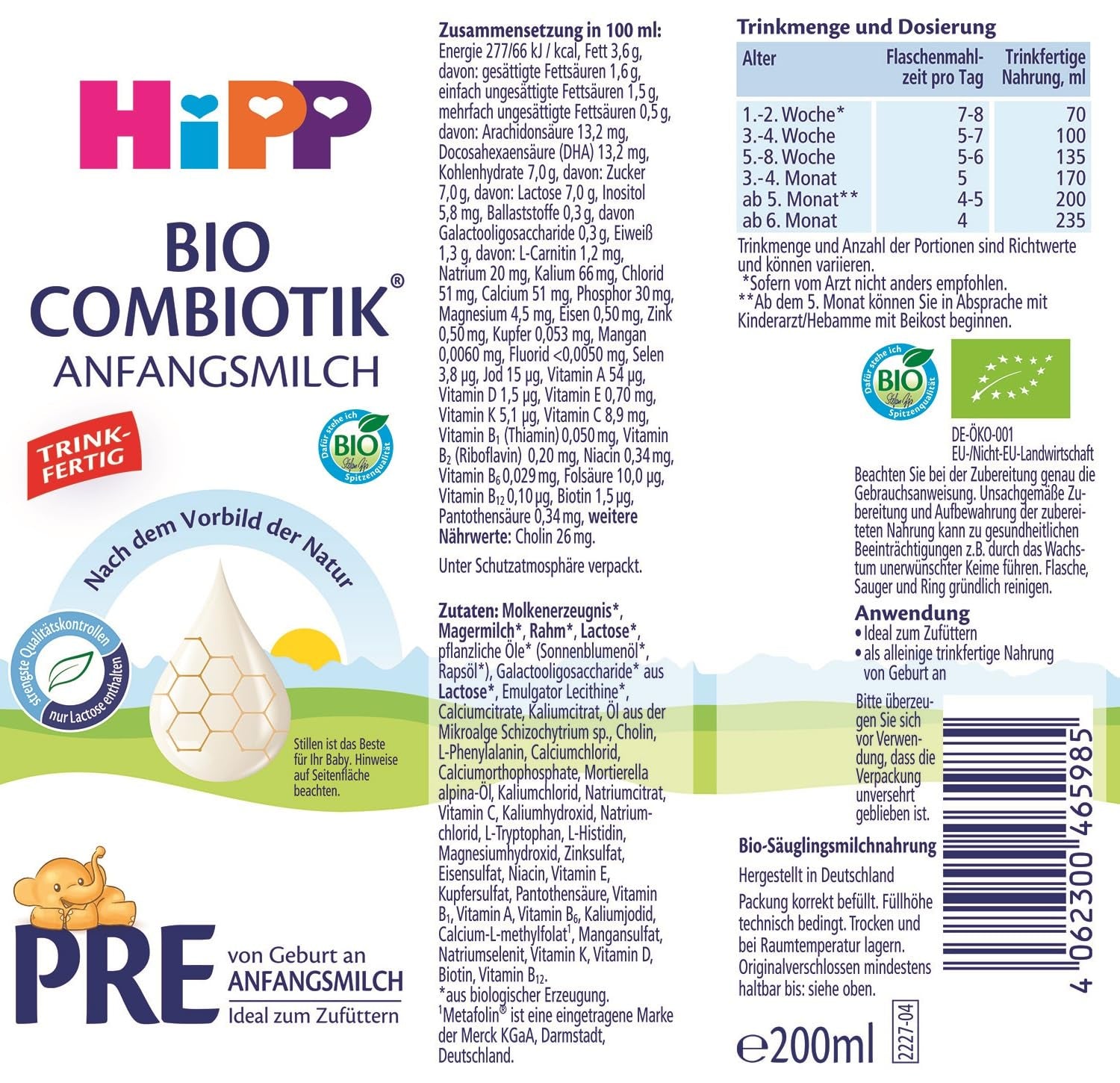HiPP PRE Formule Combiotique Bio Prête à Boire (6 x 200 ml) Lait Infantile dès la Naissance Contient Uniquement du Lactose comme Glucides Meilleur Bio