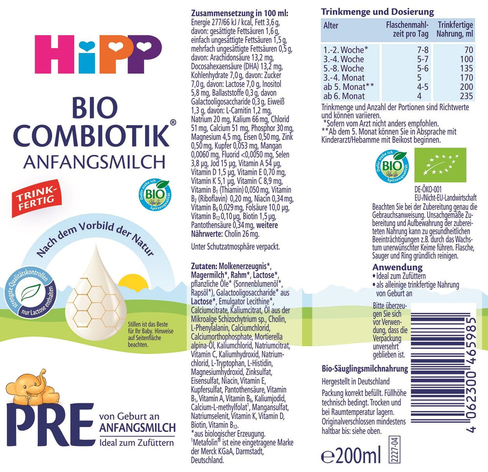HiPP PRE Formule Combiotique Bio Prête à Boire (6 x 200 ml) Lait Infantile dès la Naissance Contient Uniquement du Lactose comme Glucides Meilleur Bio