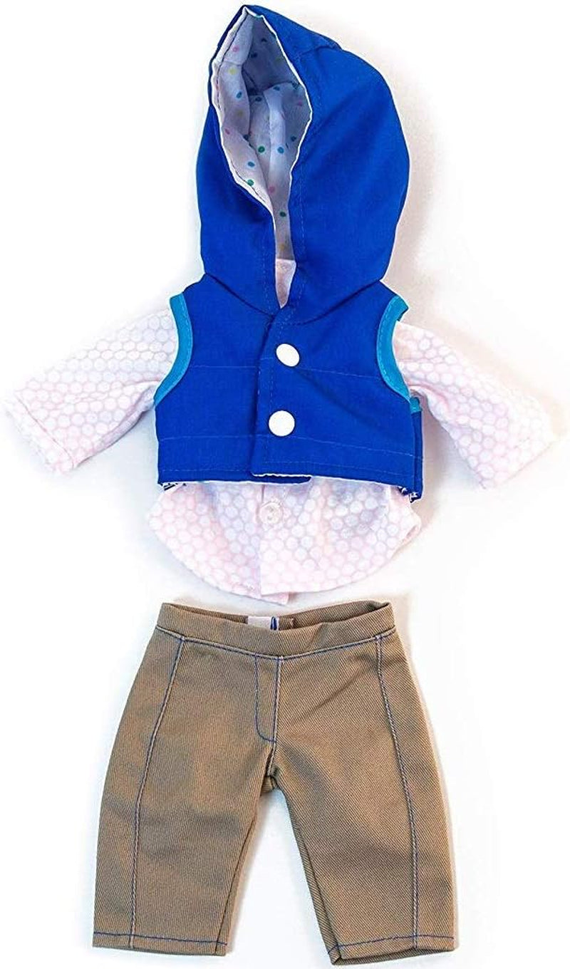Miniland Set Puppenkleidung 32cm, girgeltes T-Shirt mit Latzhose und Mütze, Übergangszeit