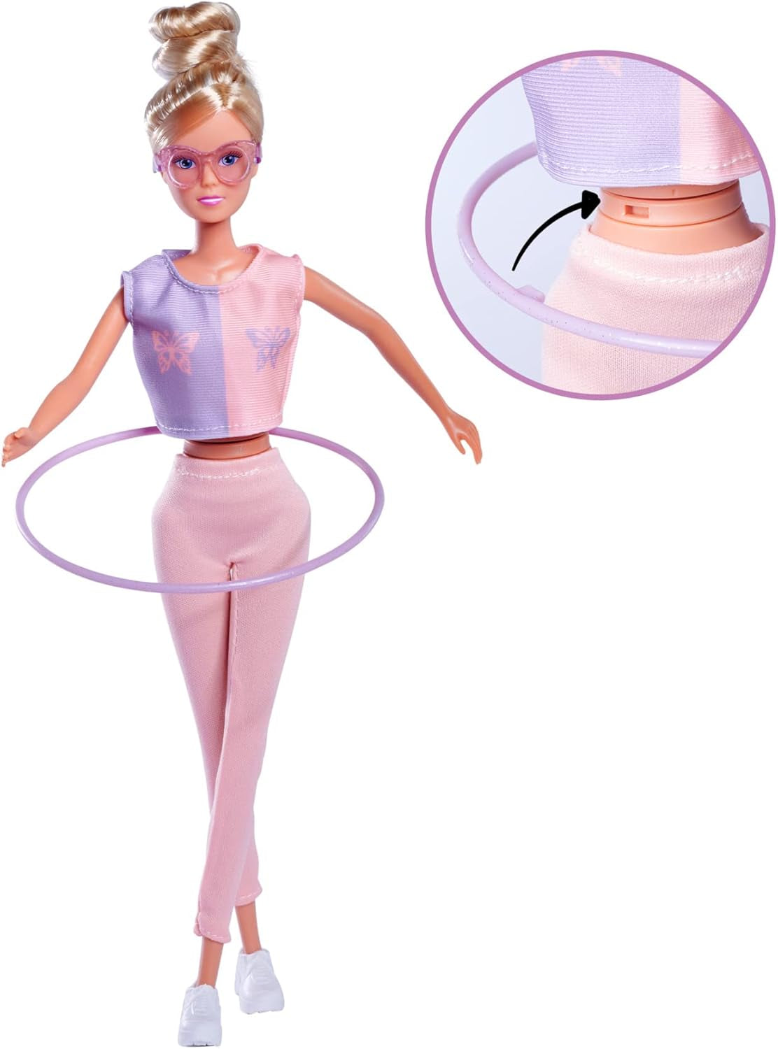 Simba 105733619 - Steffi Love Hula Hoop, Poupée jouet avec tenue de sport, Hula Hoop et fonction mécanique, 29 cm, à partir de 3 ans