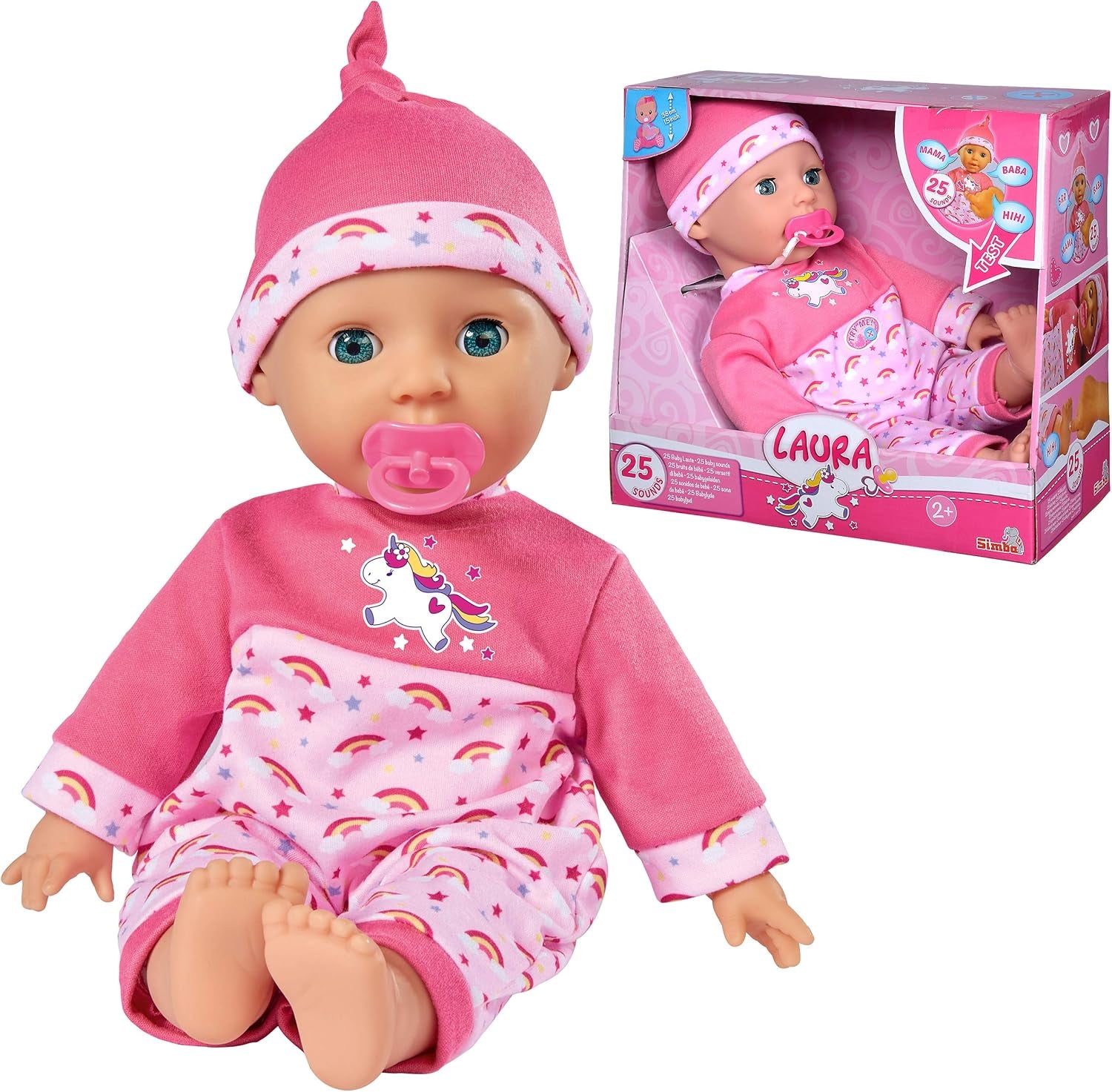 Simba 105140060 - Laura Kitzel Baby, Puppe de poupée avec Regenbogenstramler, macht 25 Babylute, 38cm, Babypuppe à partir de 2 ans