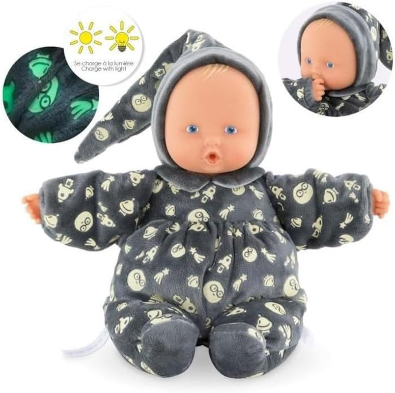 Corolle 9000020120 - Mon Doudou Babipouce Glow in The Dark, leuchtet im Dunkeln, extra weiche Schmusepuppe mit Vanilleduft, waschbar, 28cm, Behält den Daumen im Mund