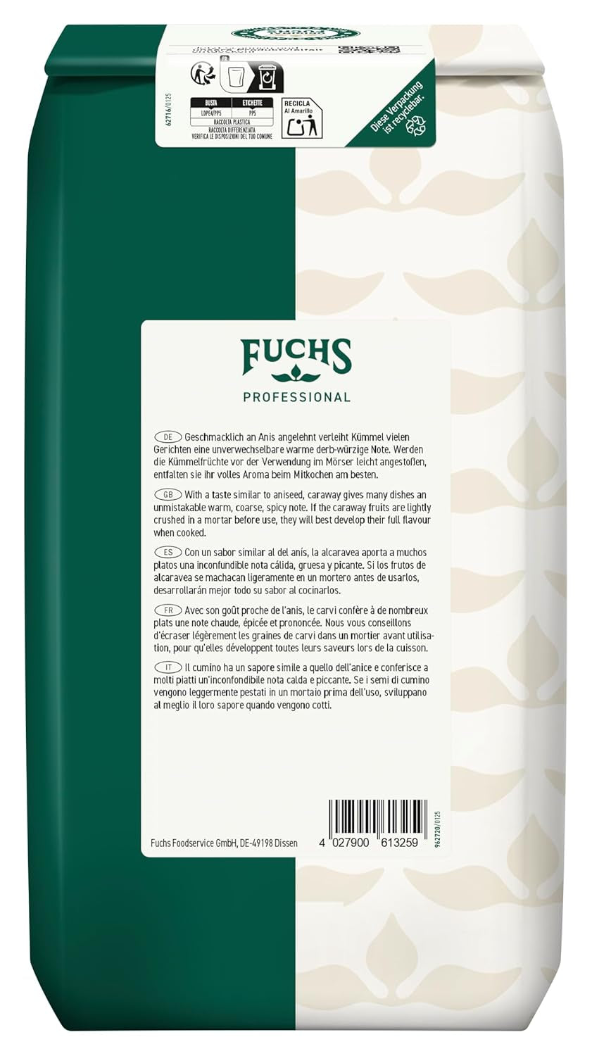 Fuchs Professional - Kümmel ganz | Ungemahlen, zum Würzen von Bratkartoffeln ou Krautgerichten | Qualité professionnelle pour les grossistes et la gastronomie | Sac recyclable de 1 kg