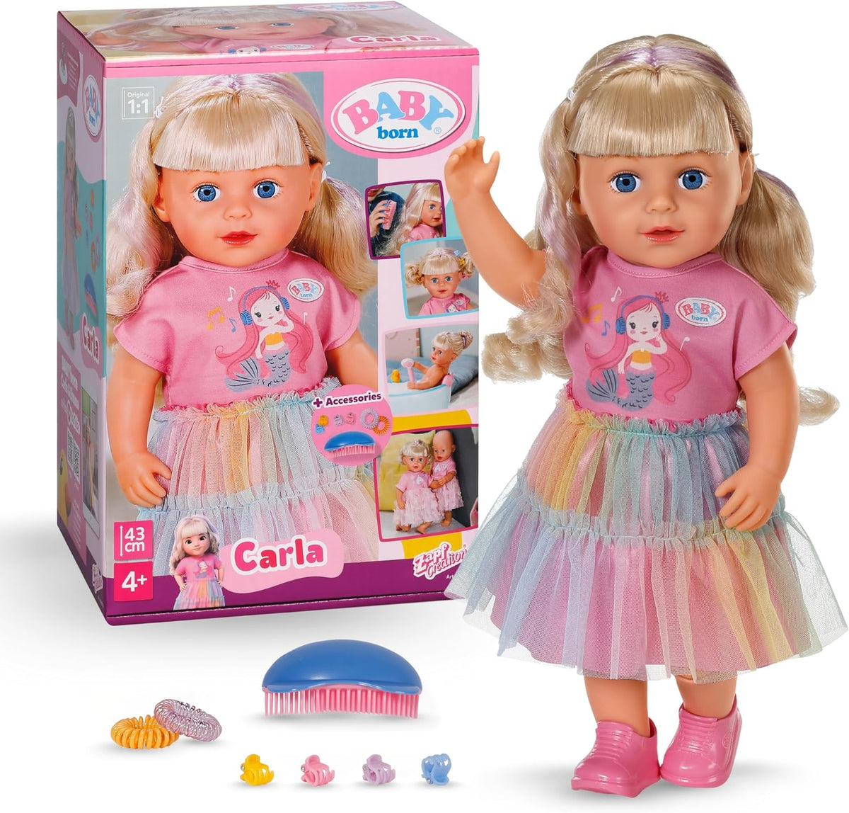 BABY born Carla - poupée de 43 cm - cheveux blonds de haute qualité avec mèches - pas besoin de piles - convient aux enfants à partir de 4 ans - comprend 7 accessoires, rose