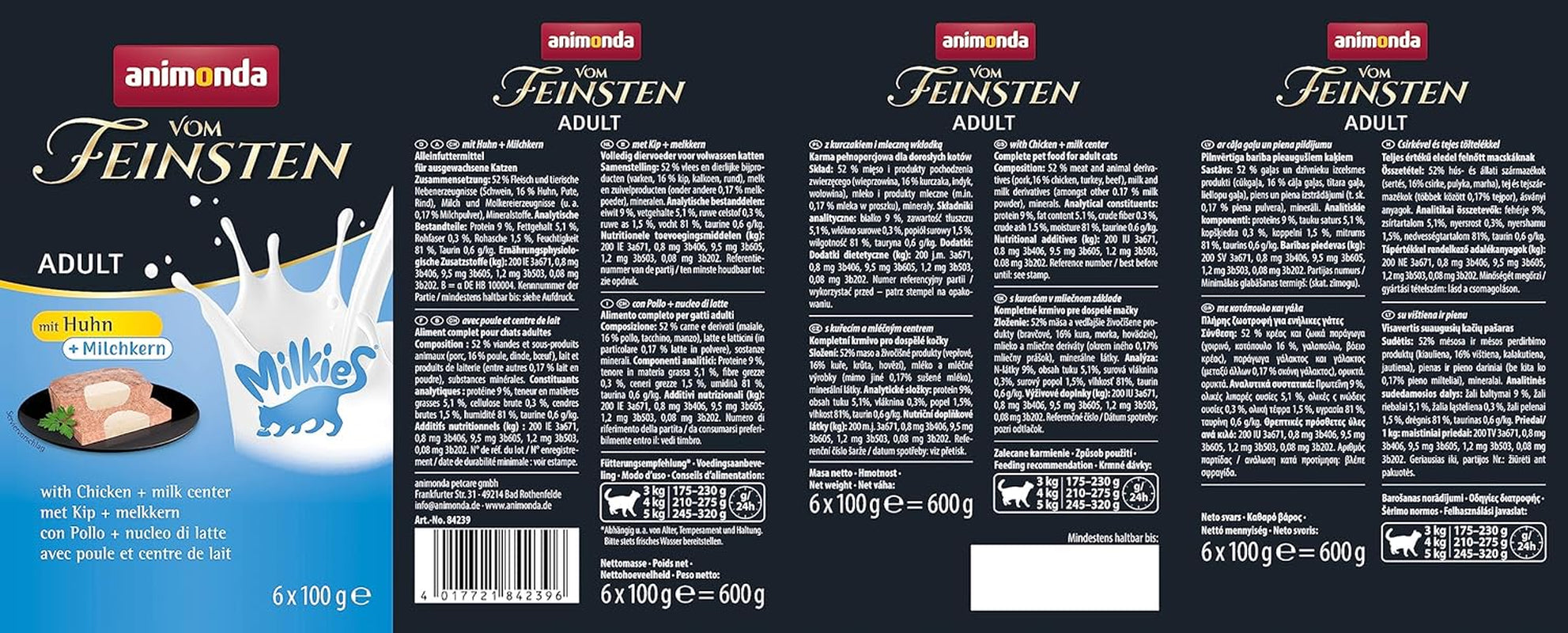 Animonda Vom Feinsten Adult Cat Food, Nassfutter für ausgewachsene Katzen, mit Chicken + Milchkern, 6 x 100 g