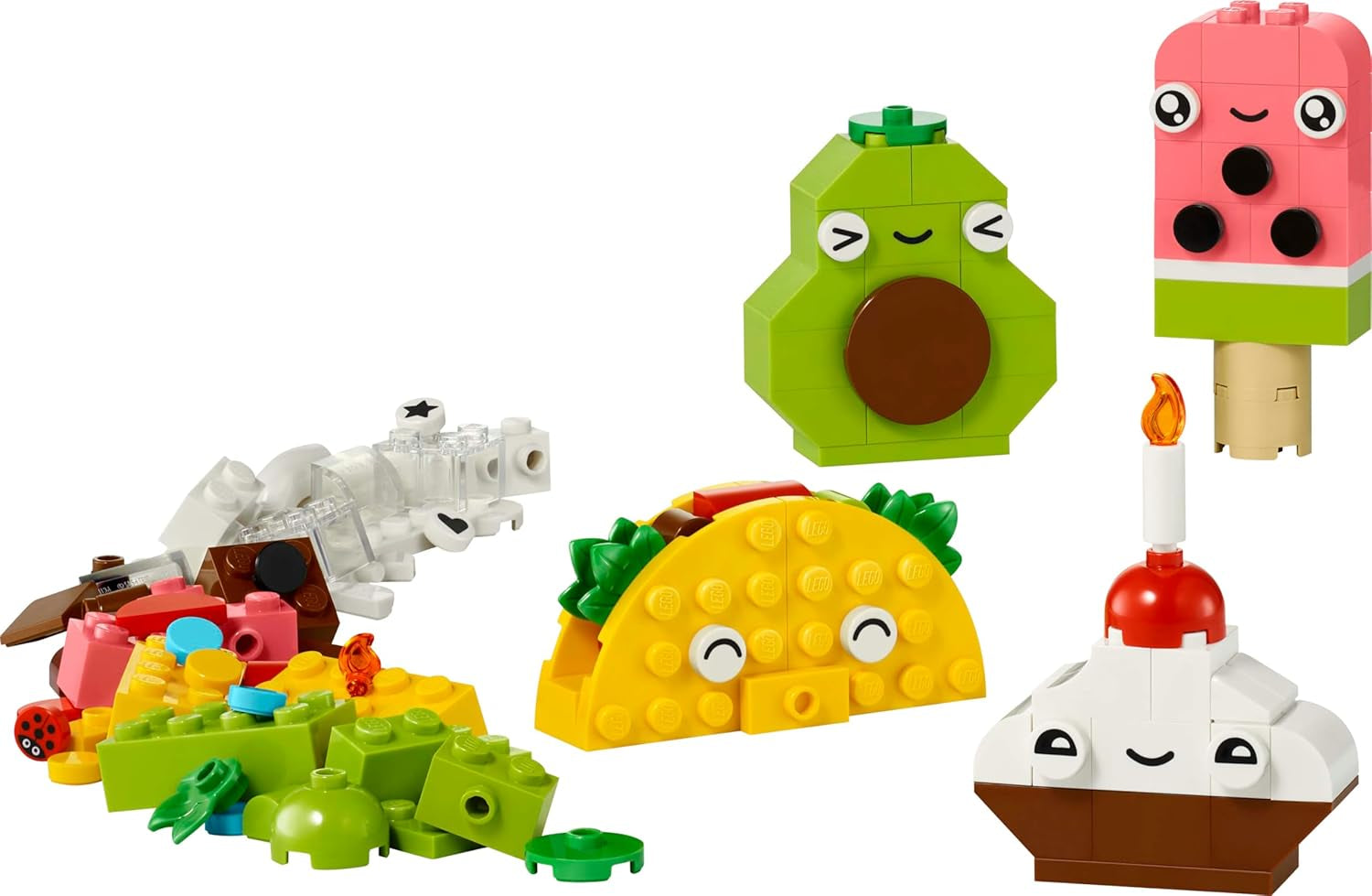 LEGO Classic Creative Snack Bauspaß, Spielzeug mit Essen für fantasievolle Rolenspiele, Bauset for Jungen and Mädchen ab 4 ans, Cupcake, Avocado, EIS am Stiel und Taco 11039