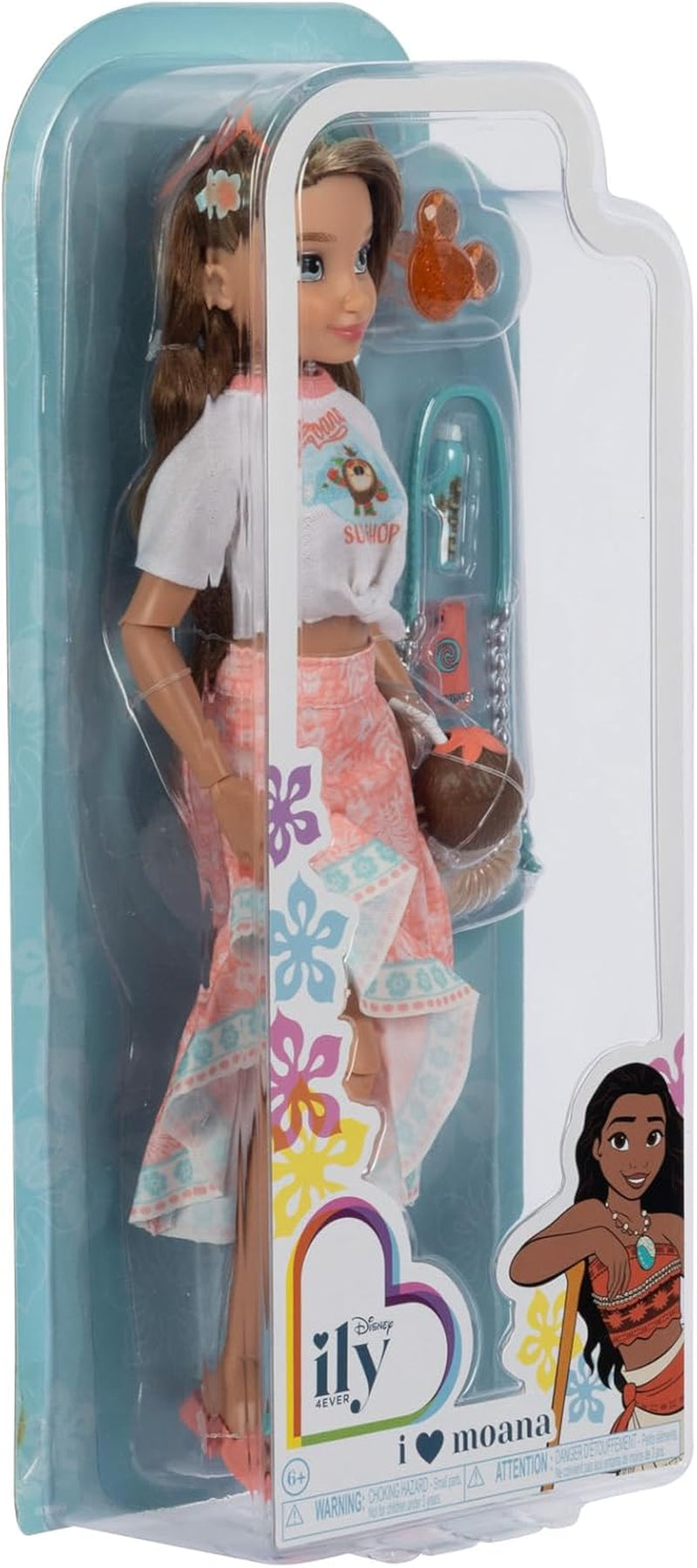 Poupée Vaiana avec accessoires, 29cm, 13 points d'articulation, sous licence officielle Jakks Pacific. Complet avec des accessoires combinables et une bague Mickey étincelante !