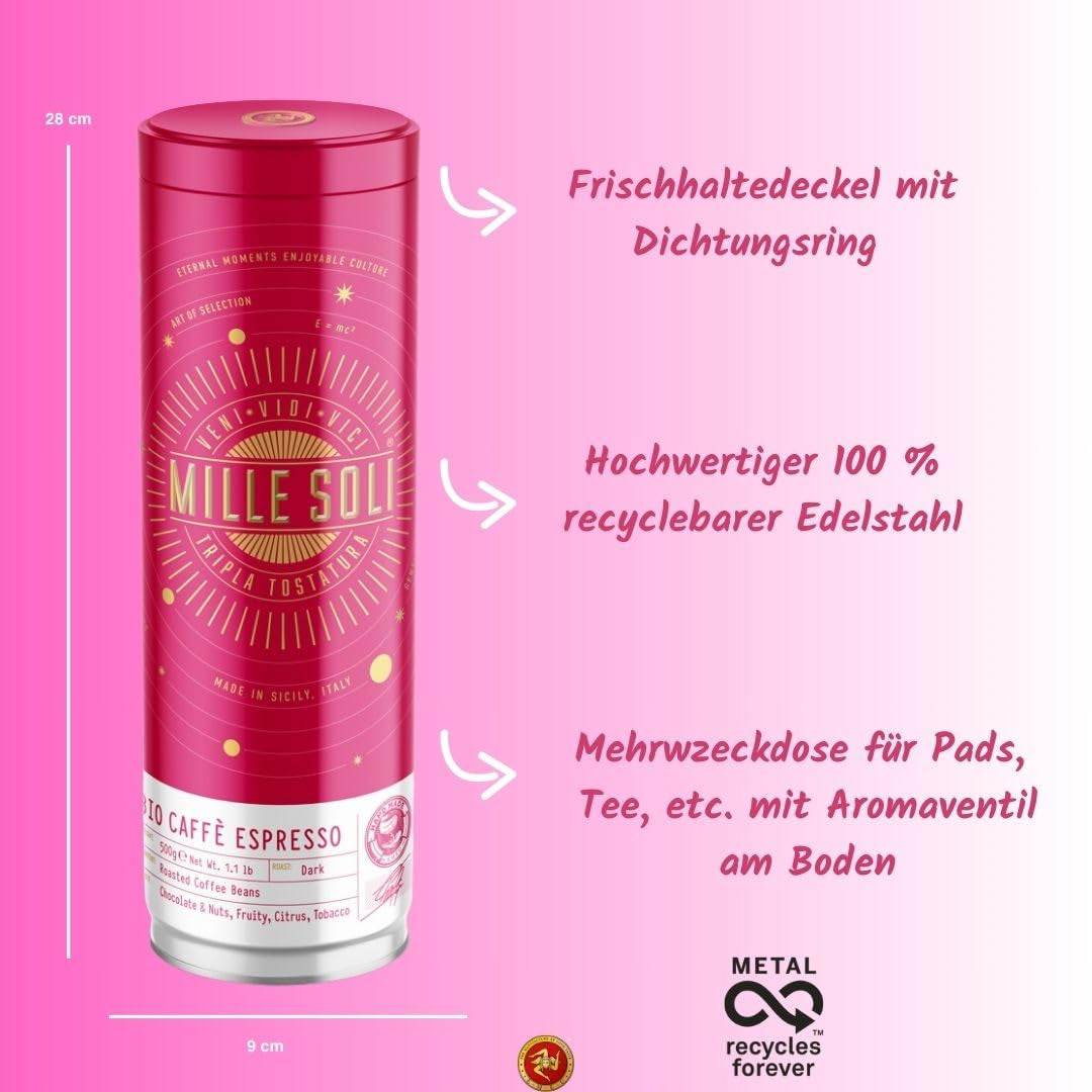 Grains d'espresso biologiques 500 g dans une boîte à café scellée - qualité supérieure et réutilisables - grains de café haut de gamme torréfiés en Sicile