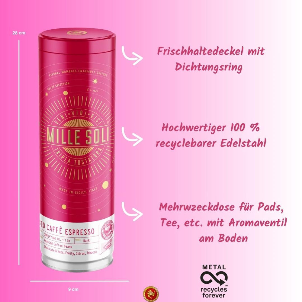 Grains d'espresso biologiques 500 g dans une boîte à café scellée - qualité supérieure et réutilisables - grains de café haut de gamme torréfiés en Sicile