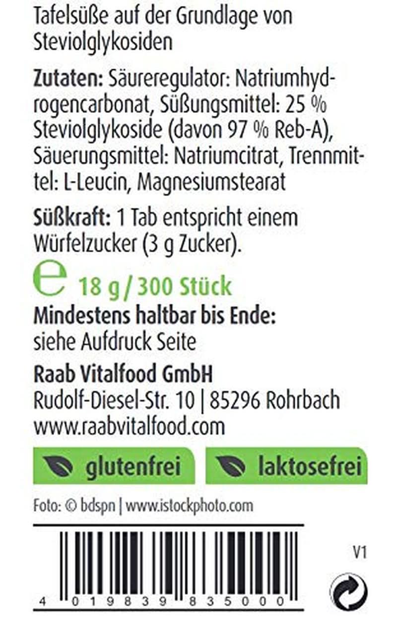 Raab Vitalfood Stevia Tabs, 300 comprimés, 18 grammes Édulcorants Naty Shop