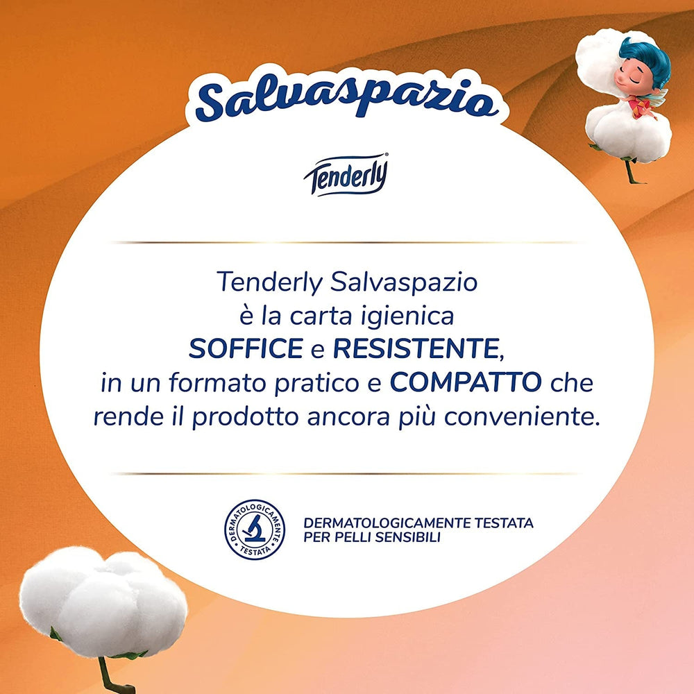 Gain de place, 96 rouleaux de papier toilette, 2 couches, 220 déchirures par rouleau, Aux extraits naturels de mauve et de calendula, Fabriqué en Italie, Testé dermatologiquement.