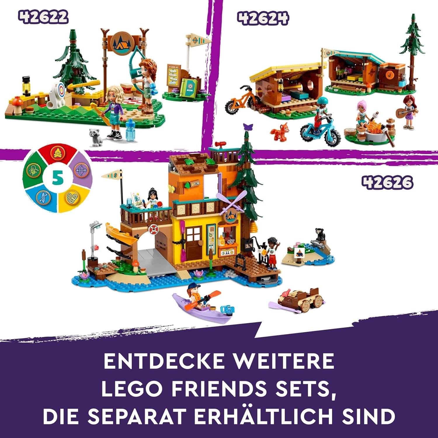 LEGO Friends Cosy Huts At Adventure Camp, ensemble de jeu de rôle en plein air, jouet pour enfants pour filles et garçons à partir de 7 ans avec 3 figurines et renard, jouet de camping 42624 sets de construction Besuche den LEGO-Store