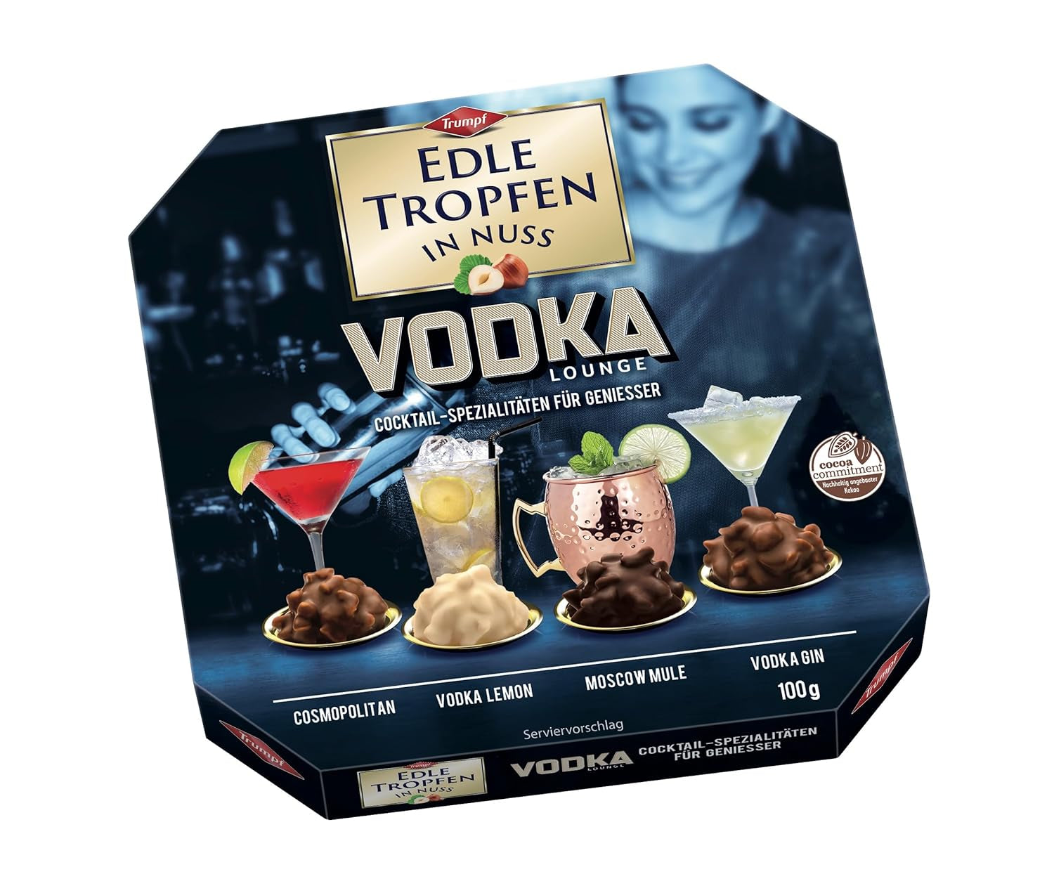 Edle Tropfen in Nuss Vodka Lounge 100g, pralines au chocolat remplies de liquide avec glaçage au chocolat au lait et morceaux croquants de noisette