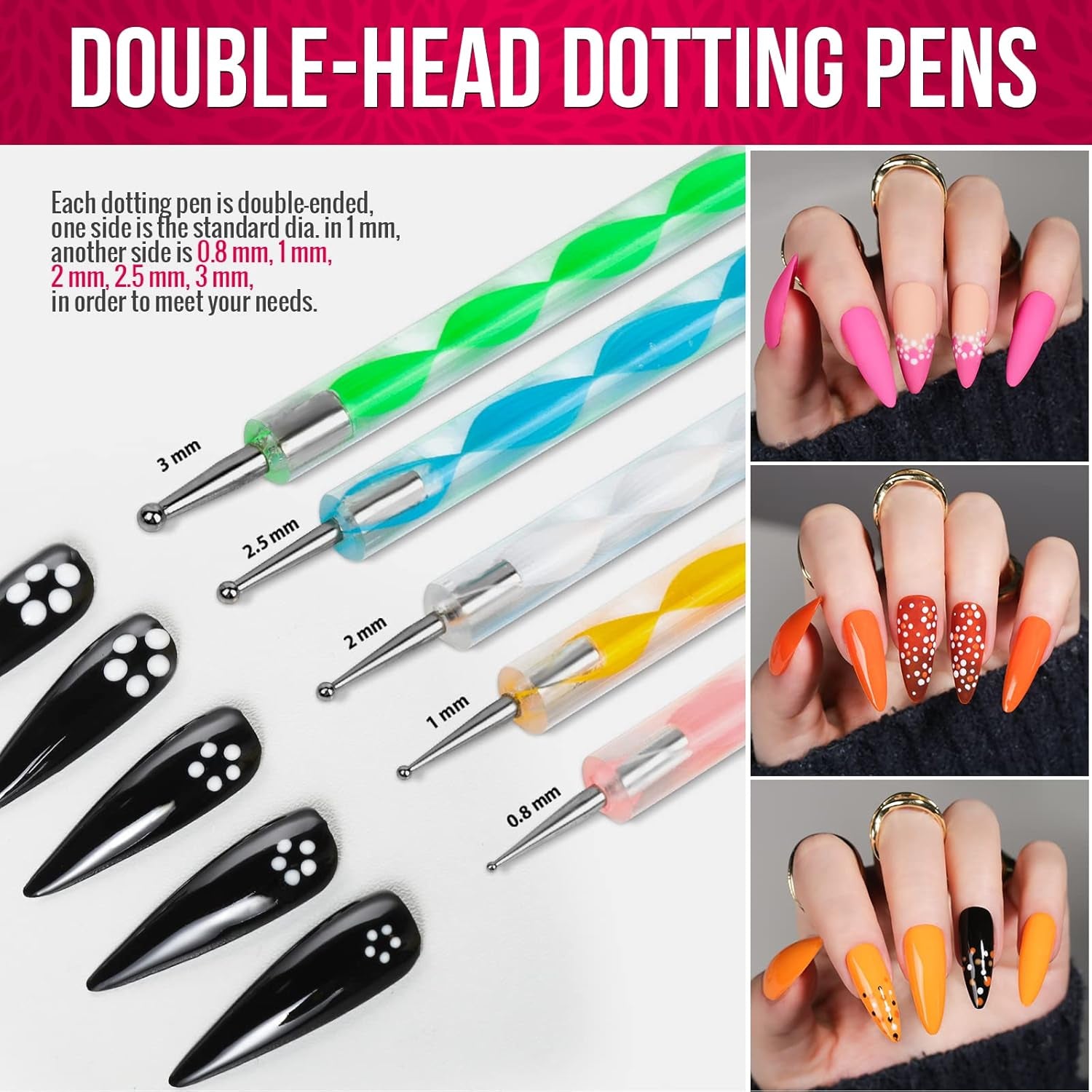 FANDAMEI Nail Art Brush Set, 15 pièces de pinceaux pour pinceaux à ongles en gel, 5 pièces de stylos à points, 10 rouleaux de pinceaux à bandes, des pinceaux à strass, des paillettes ultra fines pour vernis à ongles