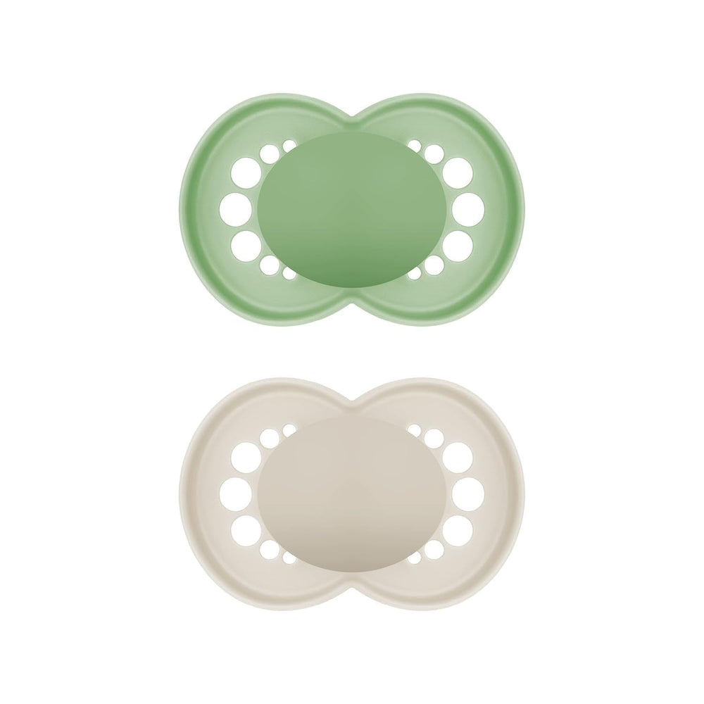 Sucettes MAM Original, paquet de 2, sucettes pour bébé respectueuses des dents, fabriquées à partir de matériaux durables et biorégénérables, tétines en silicone MAM SkinSoft, avec boîte à tétines, 6-16 mois, vert/beige