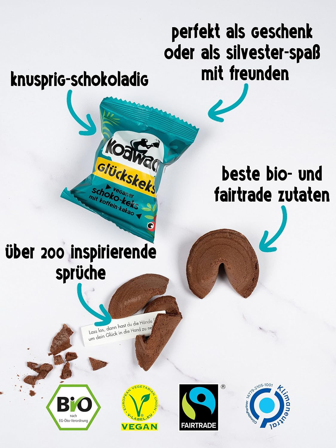 Fursecuri Koawach Fortune Happy Moments Chocolate Vegan – Fursecuri cu ciocolată, ambalate individual – Sustenabile, organice și echitabile – Fursecuri Guarna cu cafeină