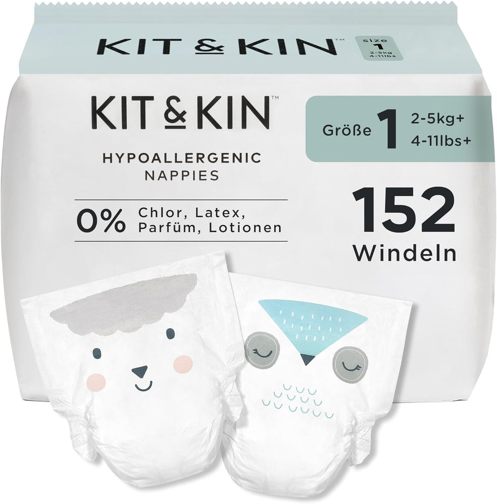 Couches Kit & Kin Premium, taille 4 (9-14 kg), 128 pièces, à base de plantes et hypoallergéniques, protection fiable contre les fuites, végétaliennes et sans cruauté envers les animaux