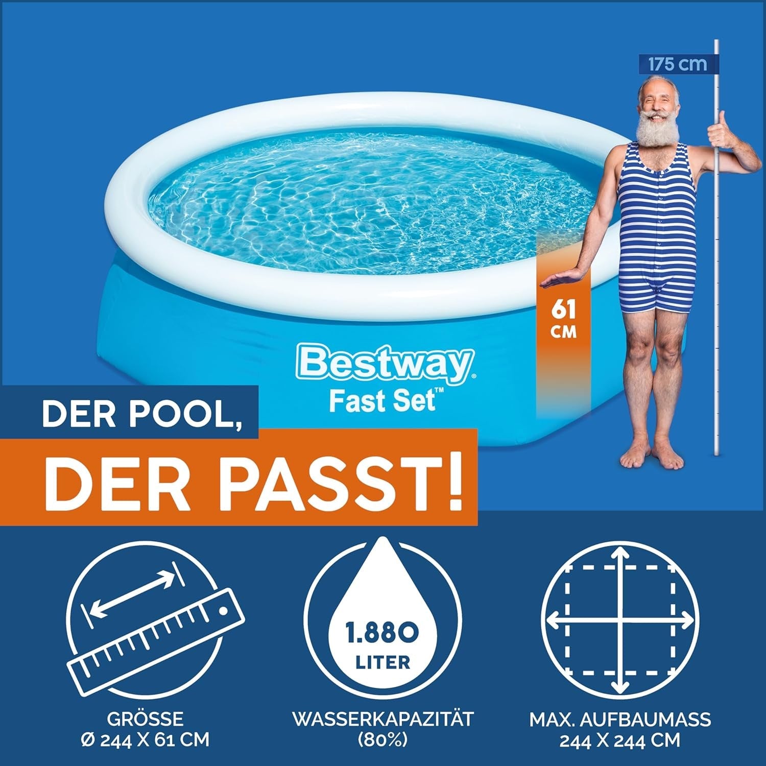 Set piscină supraterană Bestway Fast Set cu pompă de filtrare Ø 244 x 61 cm, albastră, rotundă