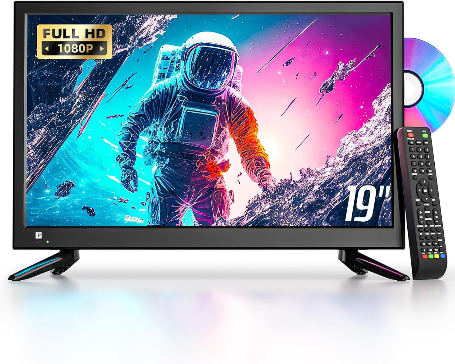 DESOBRY Televizor mic de 19 inch cu DVD player integrat, televizor exterior 1080P, suportă antenă, HDMI, USB, intrare AV, televizor de 12V pentru autorulote/camping/caravană