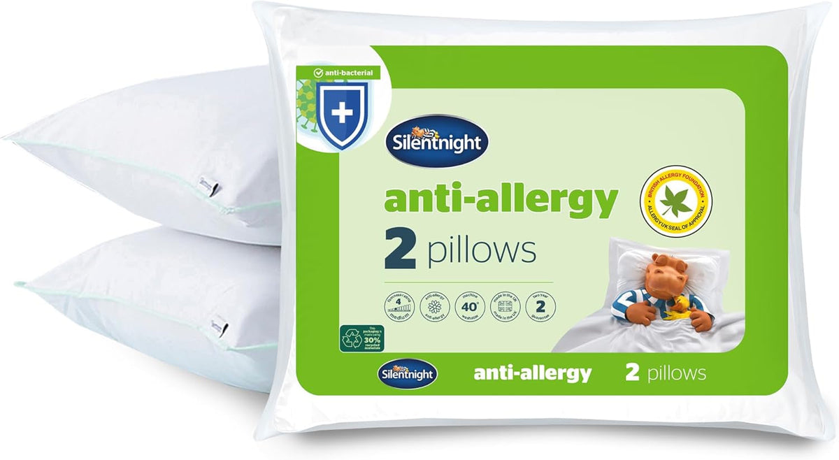 Naty Shop Lot de 2 oreillers doux antiallergiques Silentnight - Oreiller de soutien doux en fibre de plumes - Idéal pour les personnes dormant sur le devant et sur le ventre - Hypoallergénique et lavable en machine - Lot de 2 oreillers standard Naty Shop