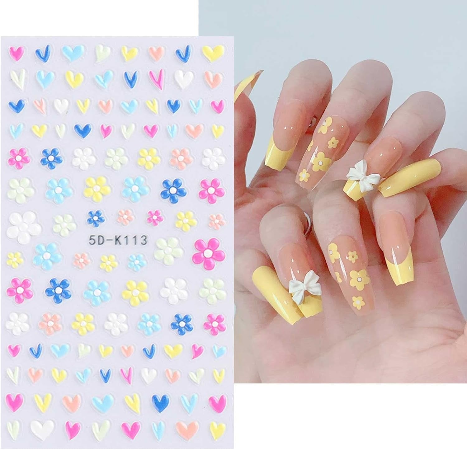JMEOWIO 3D Nagelsticker Frühling Blumen 5 Blatt Nagelaufkleber 5D Stereoskopisch Selbstklebend Bunte Blüte Nail Art Sticker Décoration Nageldesign Zubehör