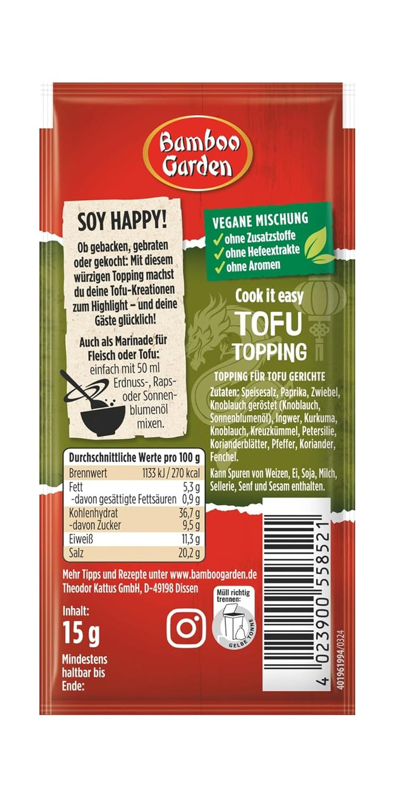 Jardin de bambous - Garniture de tofu | Gewürztopping zum Verfeinern von Tofu Gerichten | Ingrédients végétaliens et naturels | 15 g en sachet