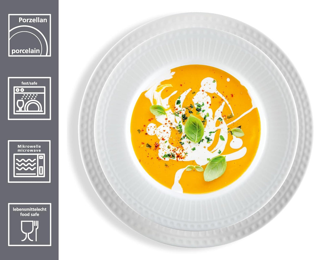 Ritzenhoff & Breker Sofia Service de table 12 pièces, plateau de table (26 cm) et plateau de table (22 cm) pour 6 personnes, set de table avec petits reliefs en relief, cuisine gastronomique, porcelaine, blanc