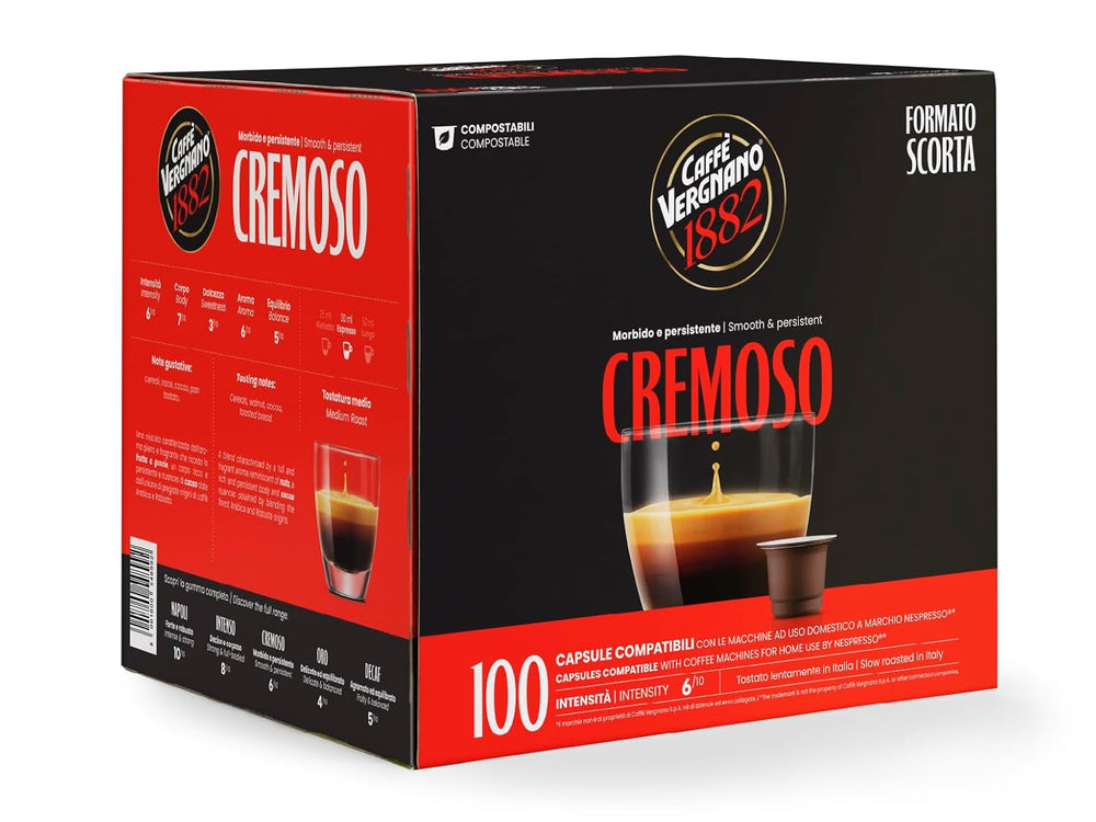 Caffè Vergnano 1882 - Café expresso compostable, compatible avec Nespresso, Cremoso (crémeux) - Packung Enthält 100 Kapseln