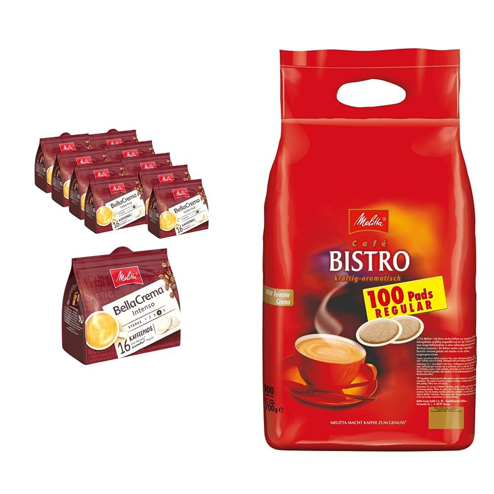 Melitta BellaCrema Intenso gemahlener Röstkaffee en dosettes de café 10 x 16 dosettes & Café Bistro Röstkaffee en dosettes de café, 100 dosettes