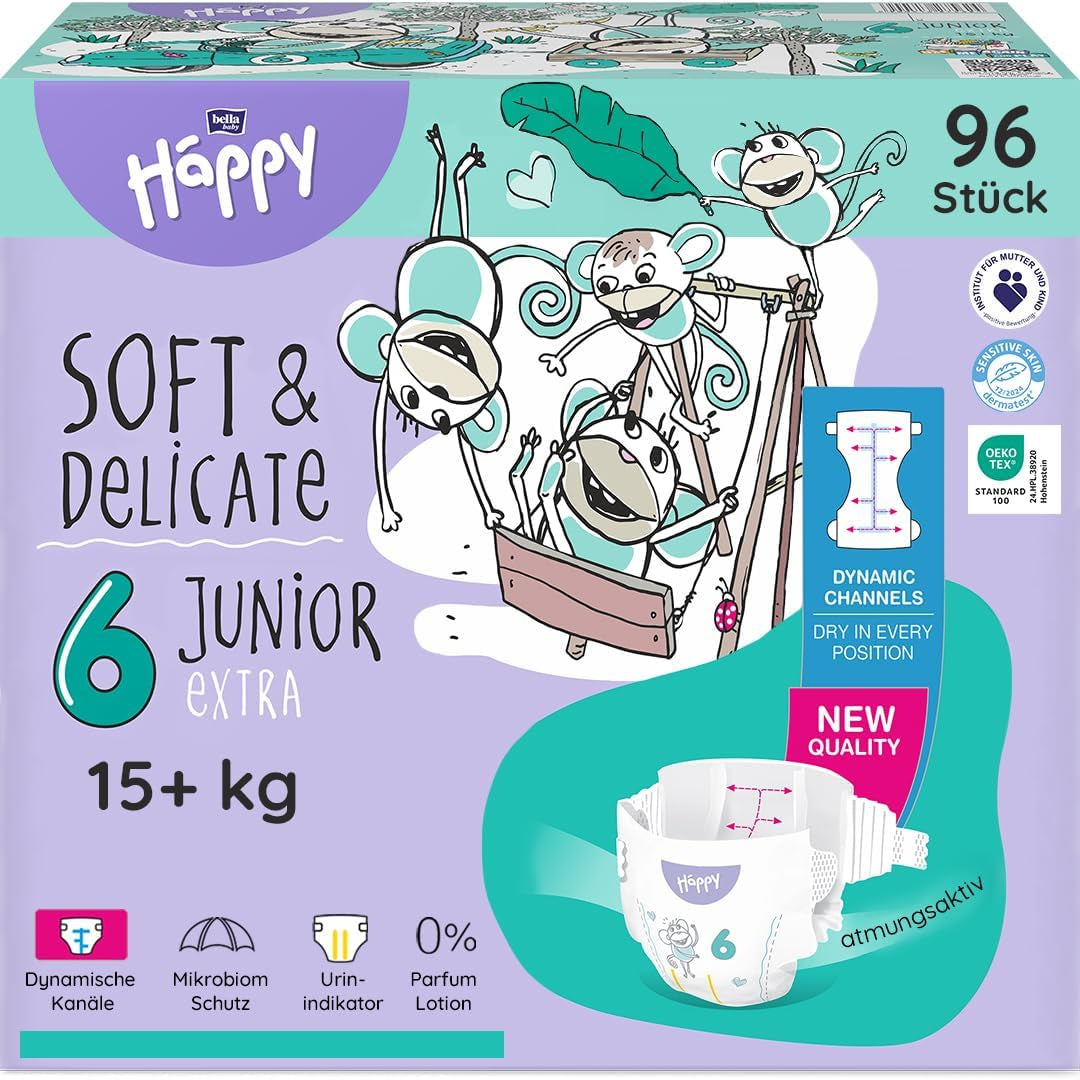 Couches Bella Baby Happy Premium, taille 6, Junior Extra, 15+ kg, 96 pièces, label DERMATEST et OEKO-TEX, couches jetables pour bébé