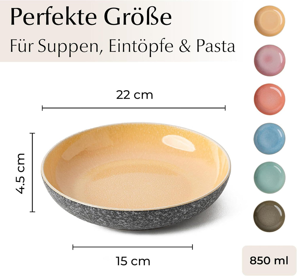 MIAMIO - Assiettes plates, lot de 6 (850 ml) / Assiettes à pâtes grandes et profondes, ensemble d'assiettes pour 6, saladier en céramique / lavable au lave-vaisselle et au micro-ondes - Collection Las Palmitas
